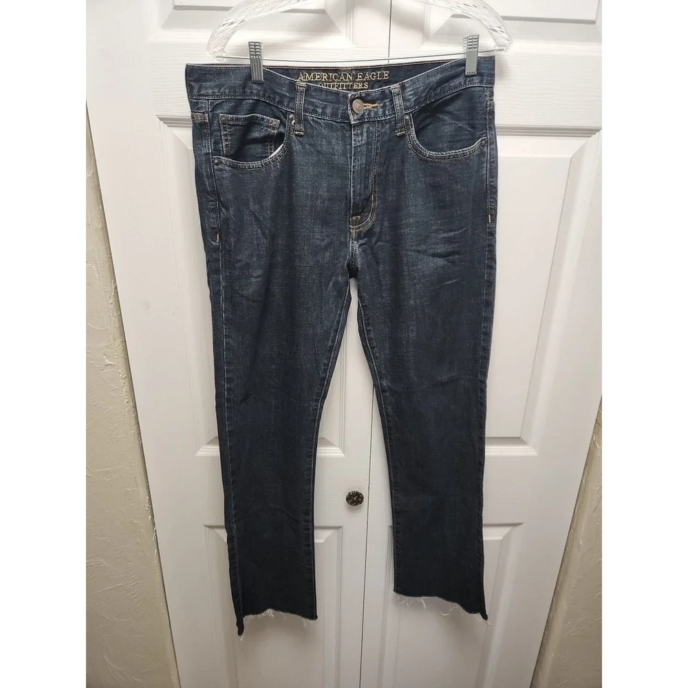 American Eagle Jeans Mens 32X29 Original Straight Leg Dark Blue‎ Denim Raw Hem